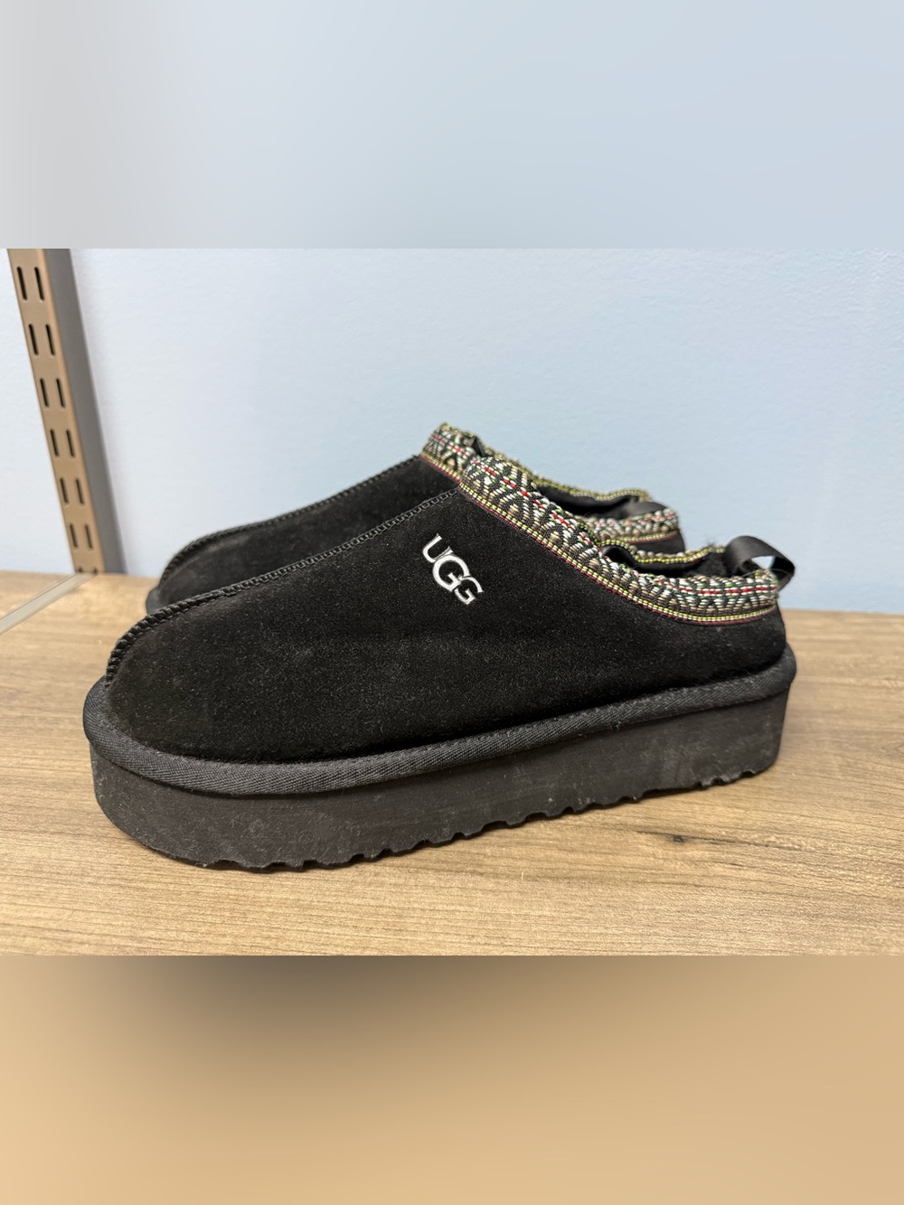 UGG Black Suede Platform Slip-On Slippers with Patterned Trim